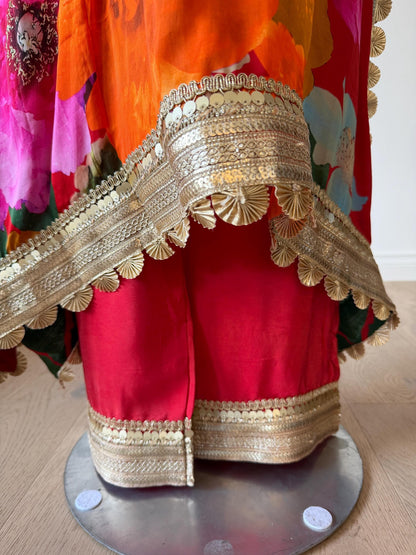 Red Floral Satin Georgette Kaftan Set with Santoon Pants, Resort Wear