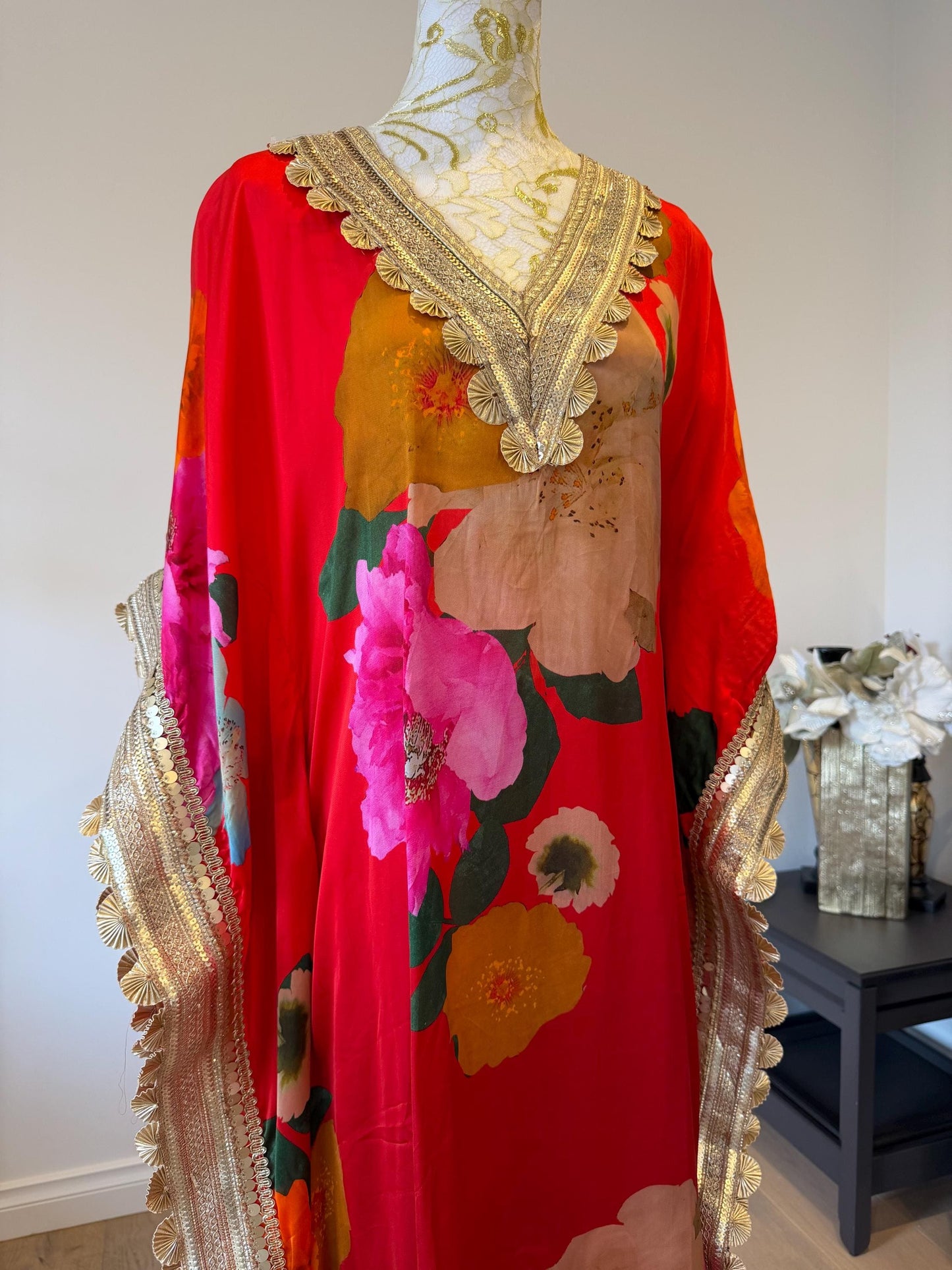Red Floral Satin Georgette Kaftan Set with Santoon Pants, Resort Wear