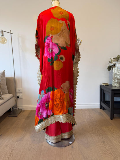 Red Floral Satin Georgette Kaftan Set with Santoon Pants, Resort Wear