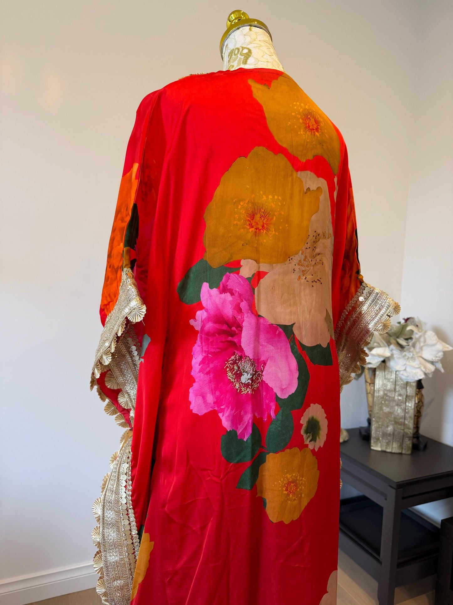 Red Floral Satin Georgette Kaftan Set with Santoon Pants, Resort Wear