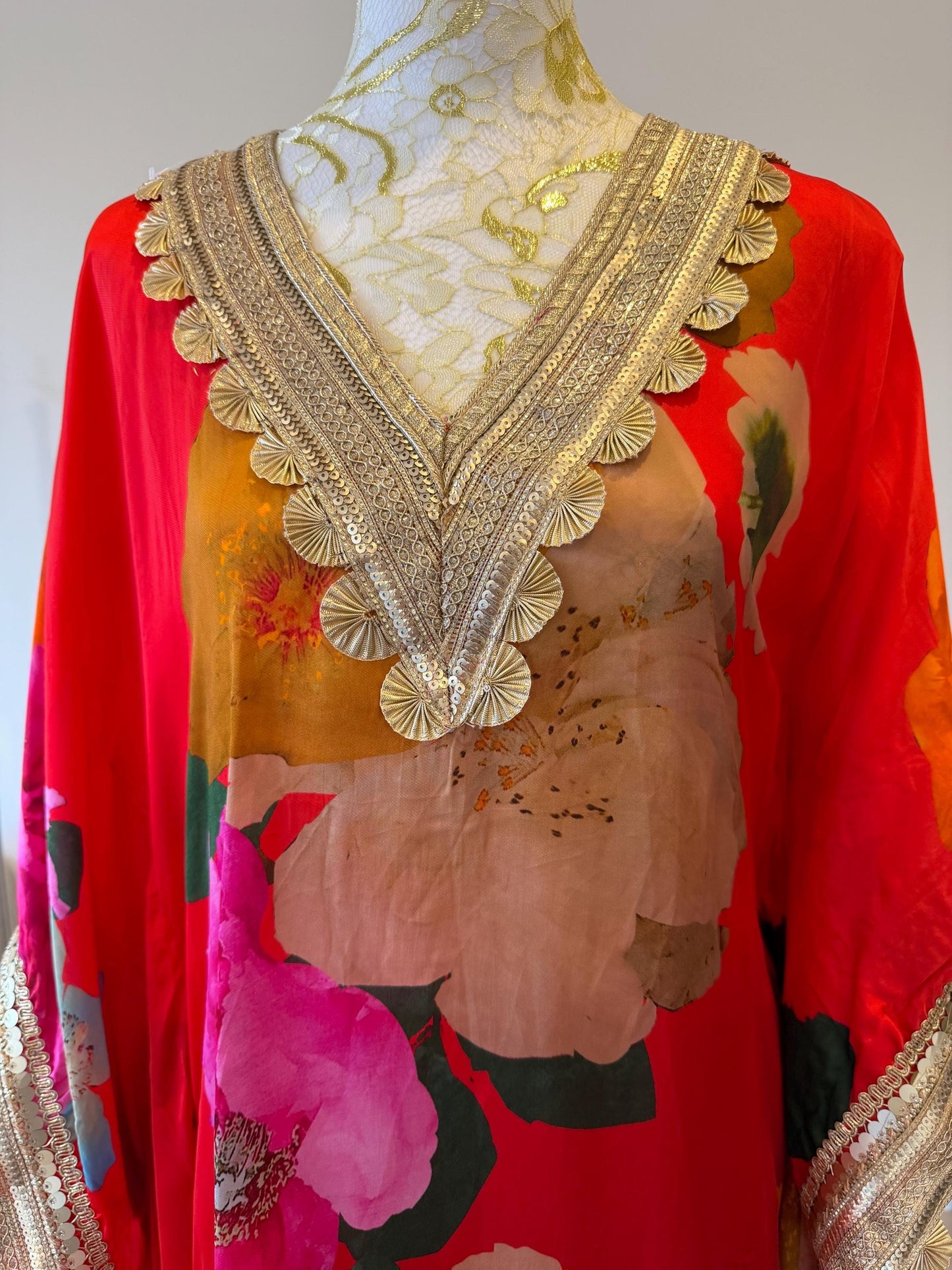Red Floral Satin Georgette Kaftan Set with Santoon Pants, Resort Wear