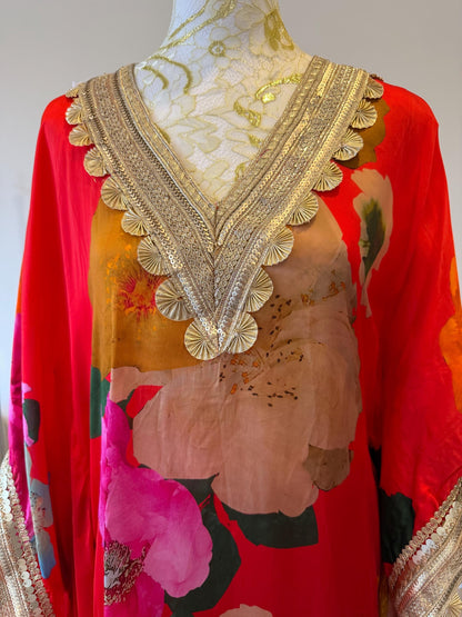 Red Floral Satin Georgette Kaftan Set with Santoon Pants, Resort Wear