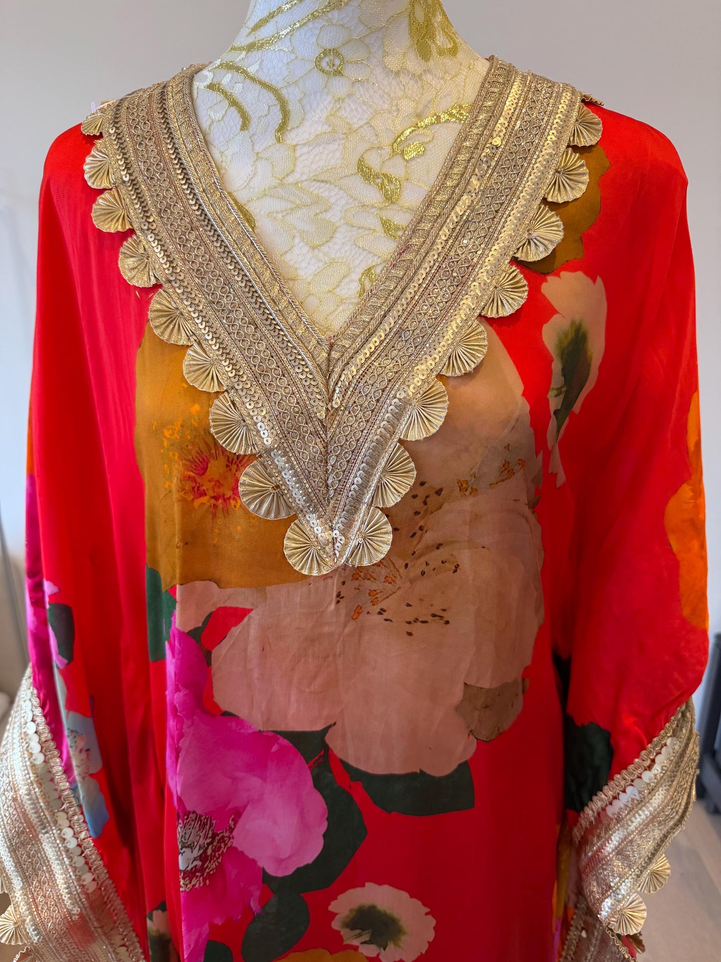 Red Floral Satin Georgette Kaftan Set with Santoon Pants, Resort Wear