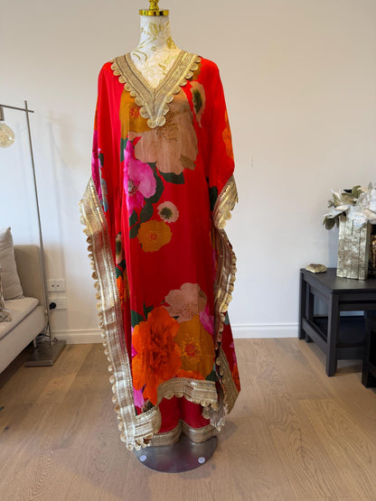 Red Floral Satin Georgette Kaftan Set with Santoon Pants, Resort Wear