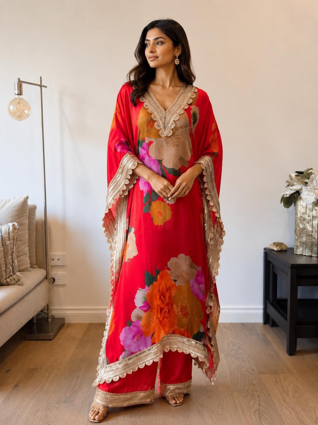 Red Floral Satin Georgette Kaftan Set with Santoon Pants, Resort Wear