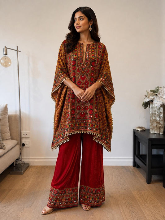 Orange Micro Velvet Kaftan Set with Red Pants | Digital Print, Mirror Work Festive Coord