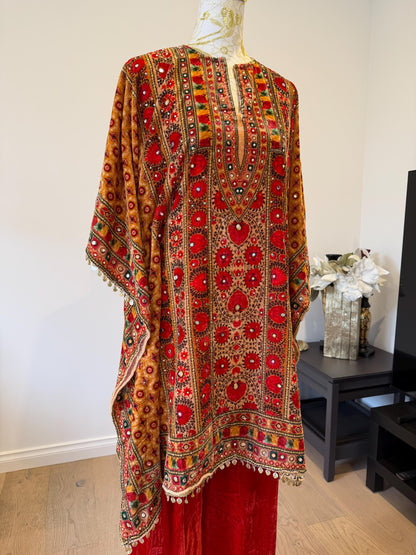 Orange Micro Velvet Kaftan Set with Red Pants | Digital Print, Mirror Work Festive Coord
