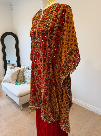 Orange Micro Velvet Kaftan Set with Red Pants | Digital Print, Mirror Work Festive Coord