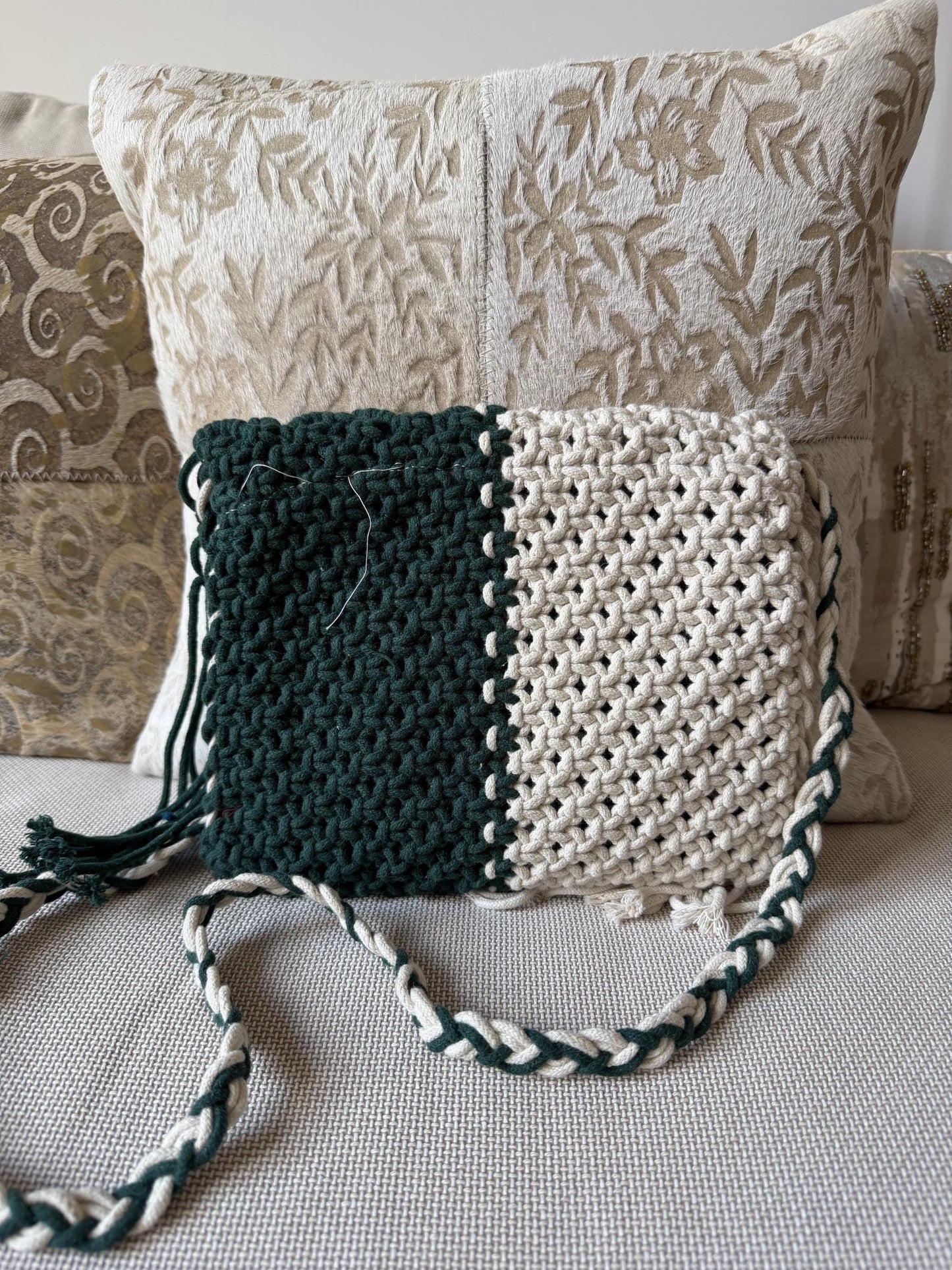 Handmade Macrame Boho Bag, Green and Ivory