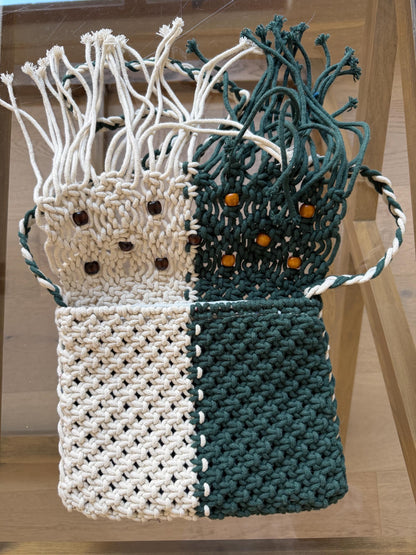 Handmade Macrame Boho Bag, Green and Ivory