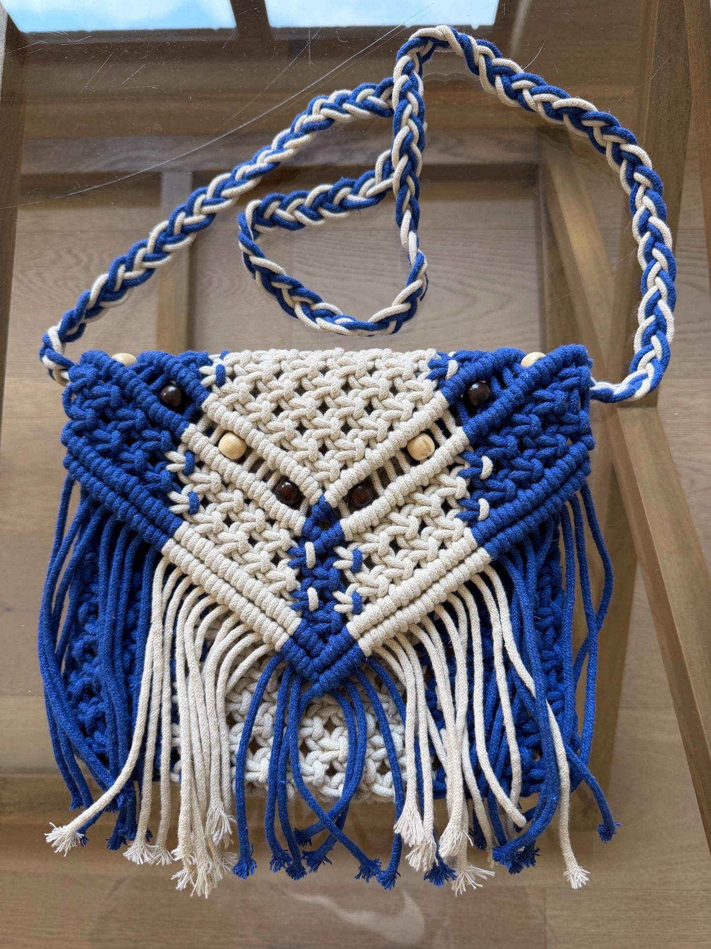 Handmade Macrame Boho Bag | Royal Blue and Ivory