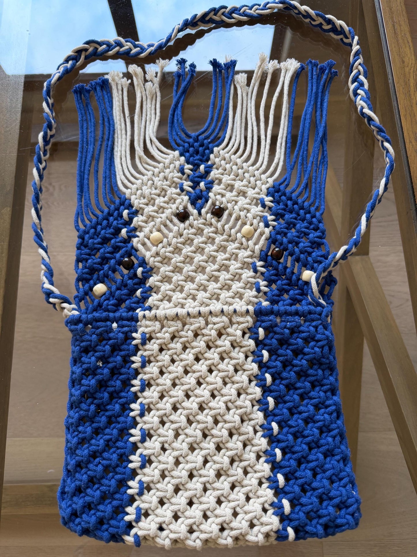 Handmade Macrame Boho Bag | Royal Blue and Ivory