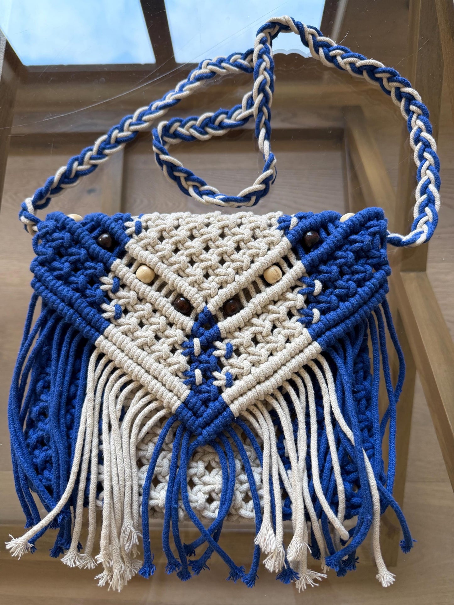 Handmade Macrame Boho Bag | Royal Blue and Ivory
