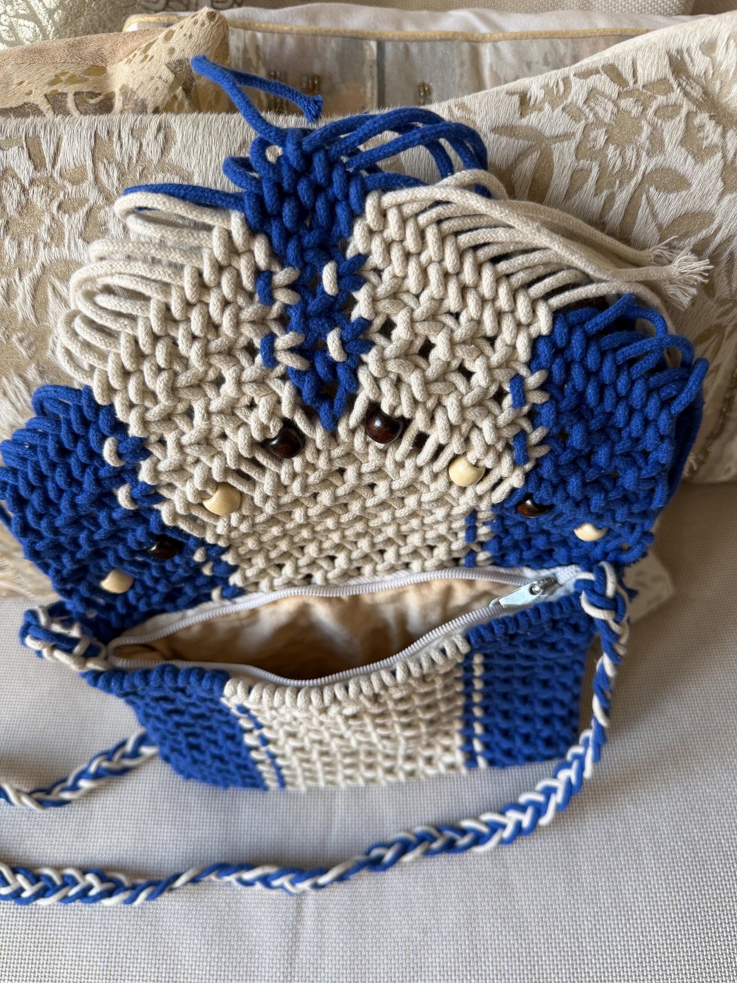 Handmade Macrame Boho Bag | Royal Blue and Ivory