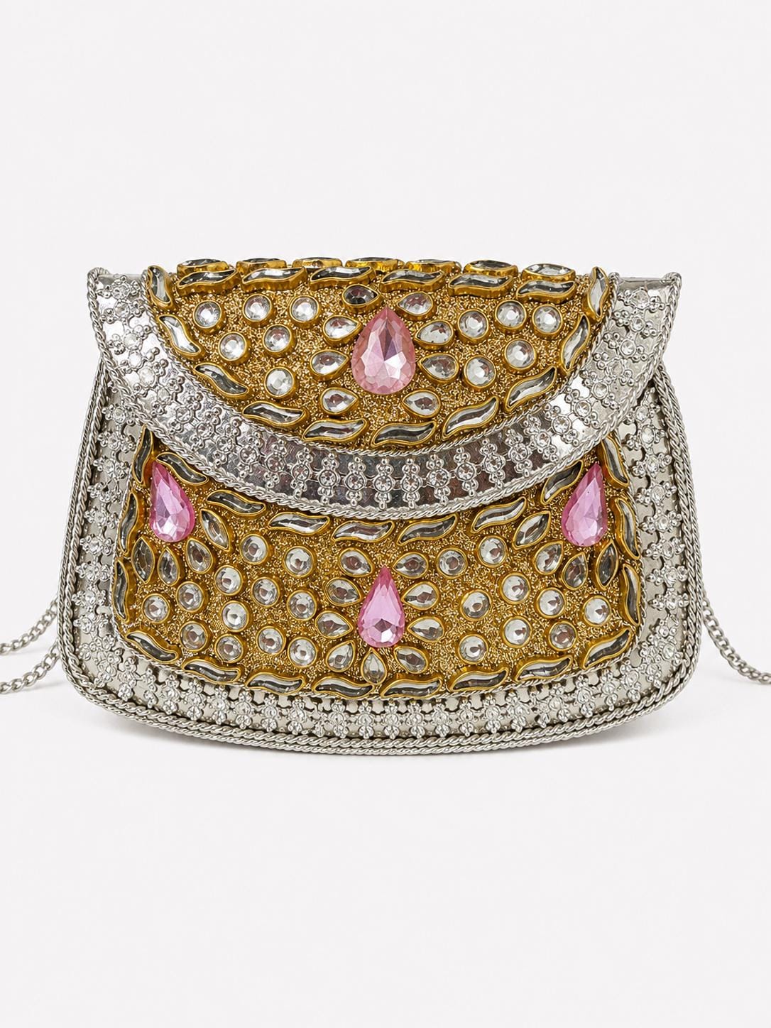 Rose Gold Kundan Metal Clutch Bag