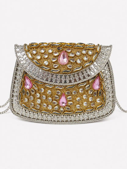 Rose Gold Kundan Metal Clutch Bag
