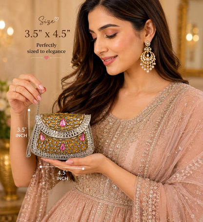 Rose Gold Kundan Metal Clutch Bag