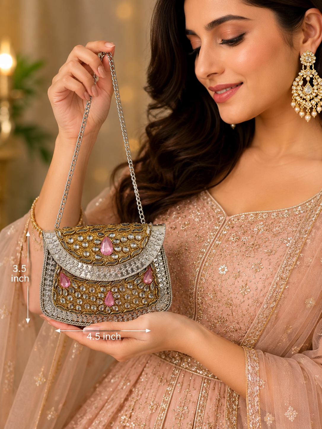Rose Gold Kundan Metal Clutch Bag