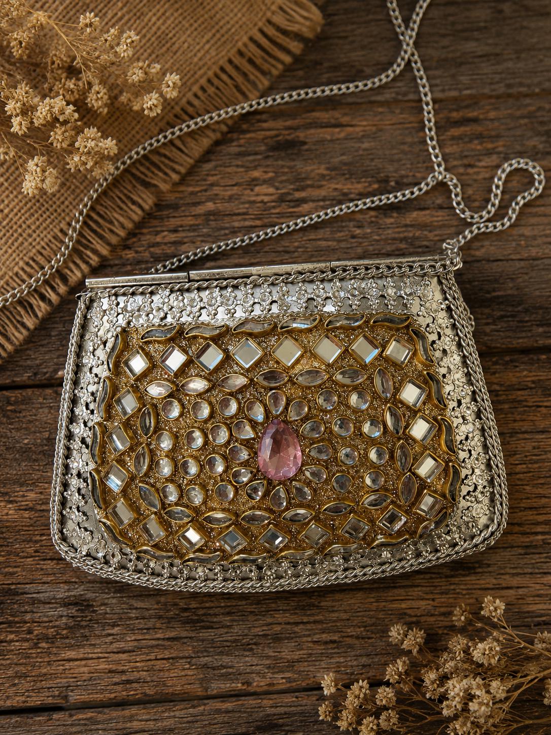 Rose Gold Kundan Metal Clutch Bag
