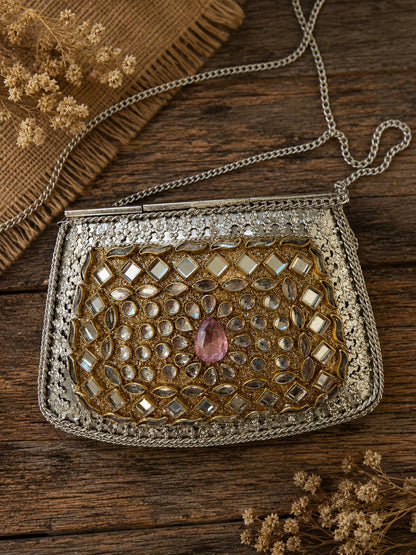 Rose Gold Kundan Metal Clutch Bag
