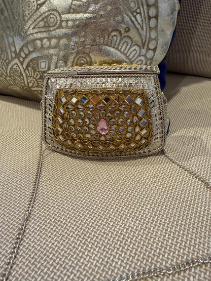 Rose Gold Kundan Metal Clutch Bag