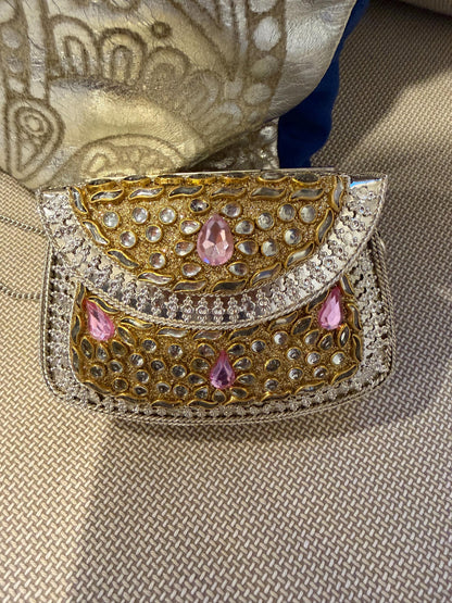 Rose Gold Kundan Metal Clutch Bag