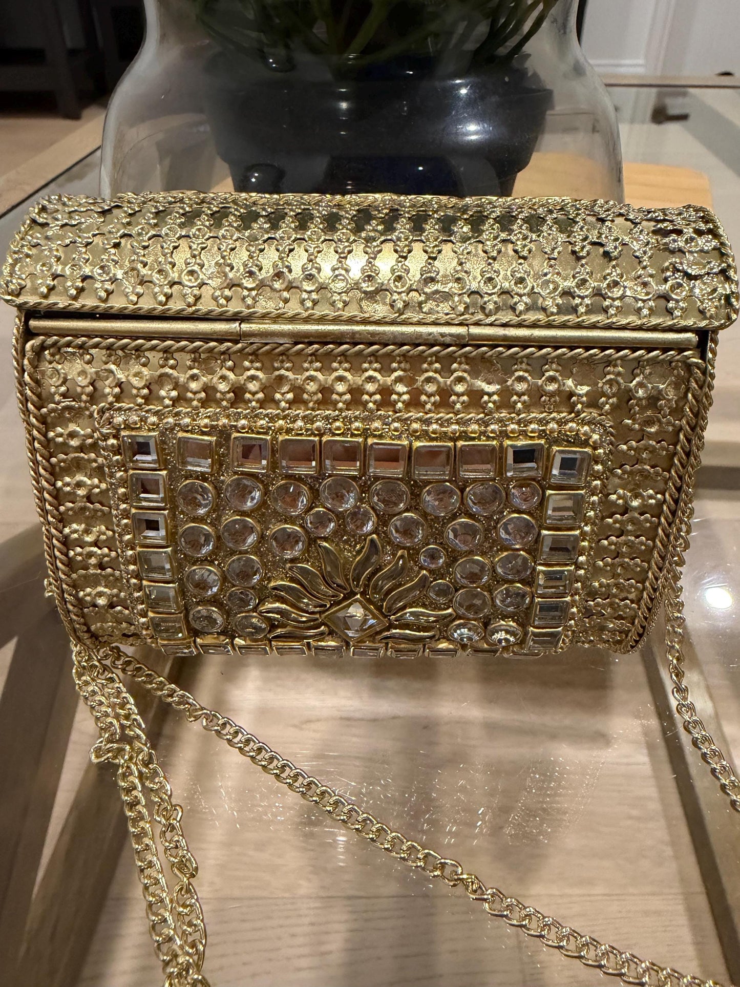 Golden Metal Clutch Bag | 4x4 Crystal Kundan Bridal Evening Purse