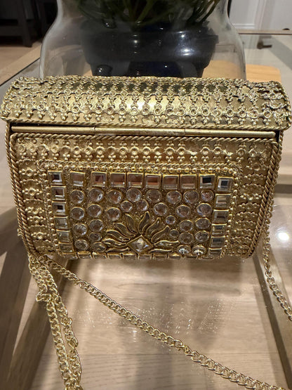 Golden Metal Clutch Bag | 4x4 Crystal Kundan Bridal Evening Purse