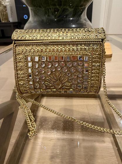 Golden Metal Clutch Bag | 4x4 Crystal Kundan Bridal Evening Purse
