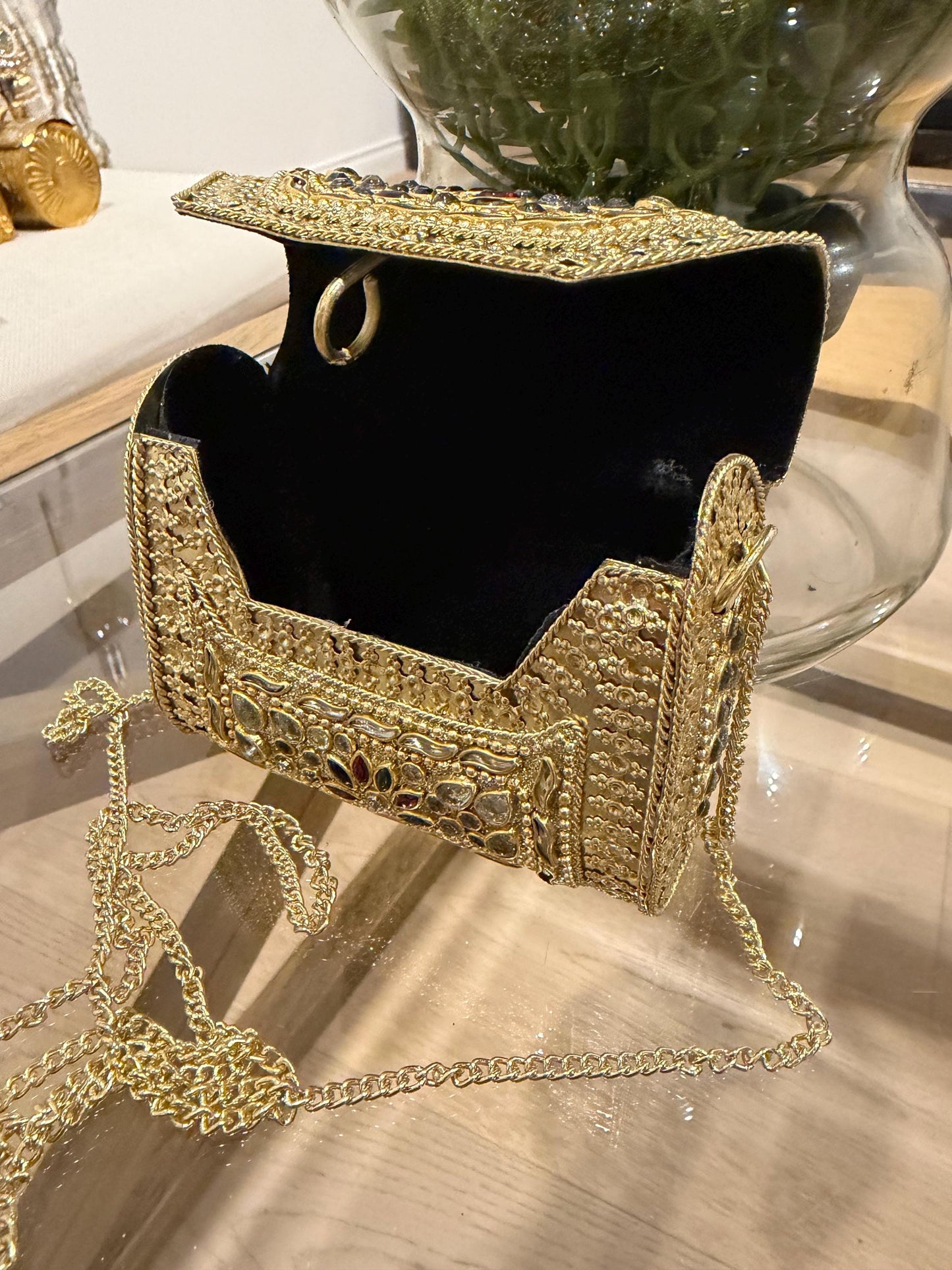 Golden Metal Clutch Bag | 4x4 Crystal Kundan Bridal Evening Purse