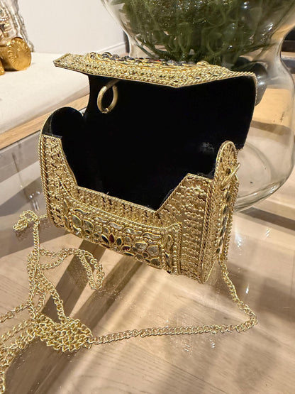 Golden Metal Clutch Bag | 4x4 Crystal Kundan Bridal Evening Purse