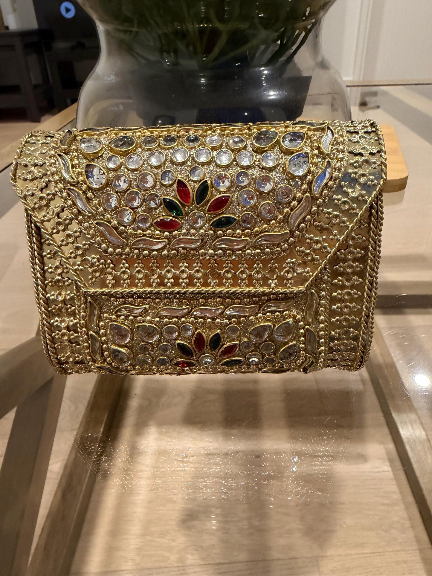 Golden Metal Clutch Bag | 4x4 Crystal Kundan Bridal Evening Purse