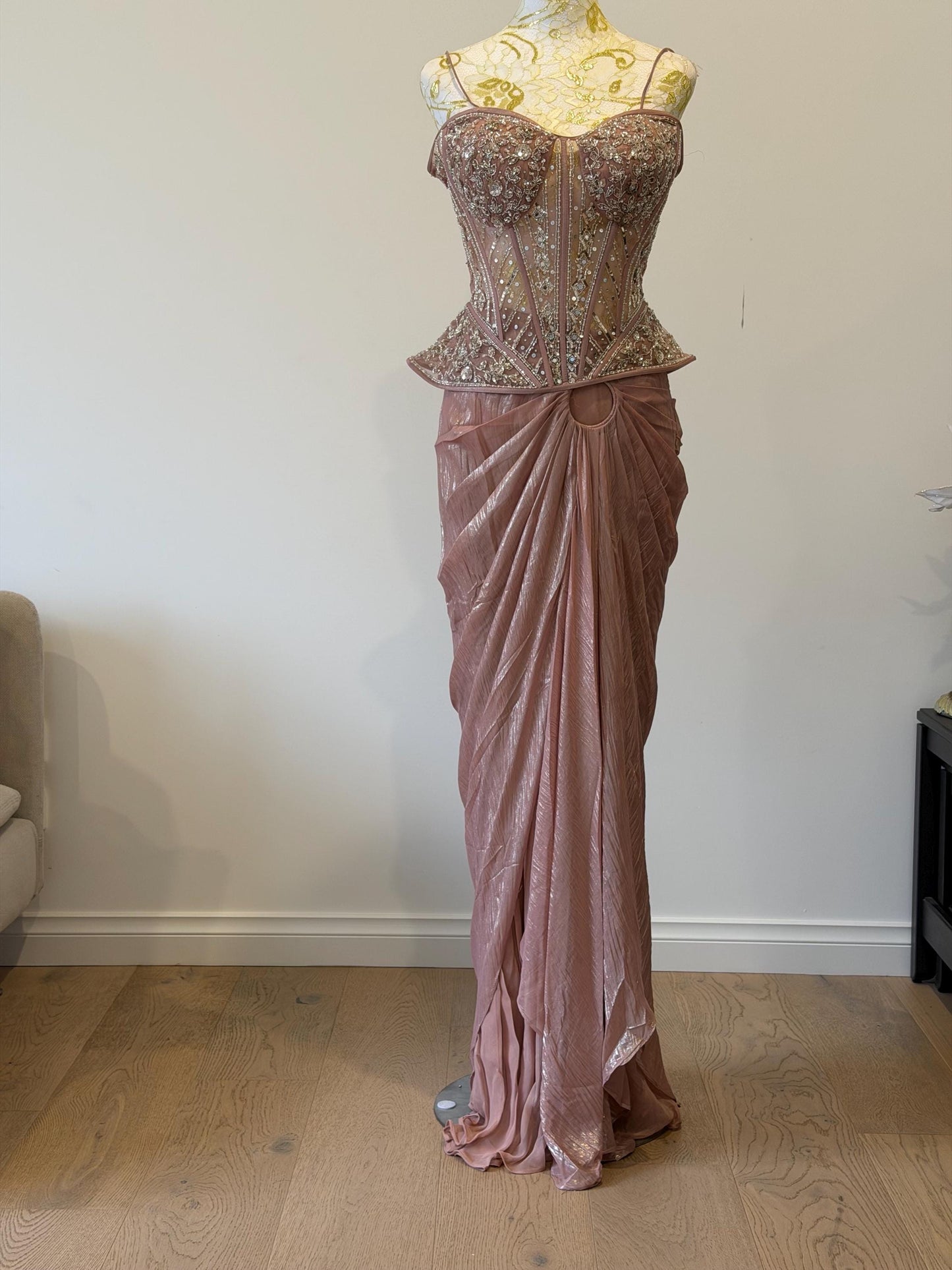 Dusty Pink Corset Saree Set with Cape