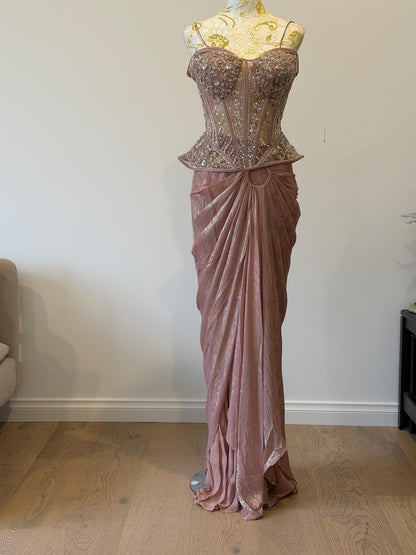 Dusty Pink Corset Saree Set with Cape