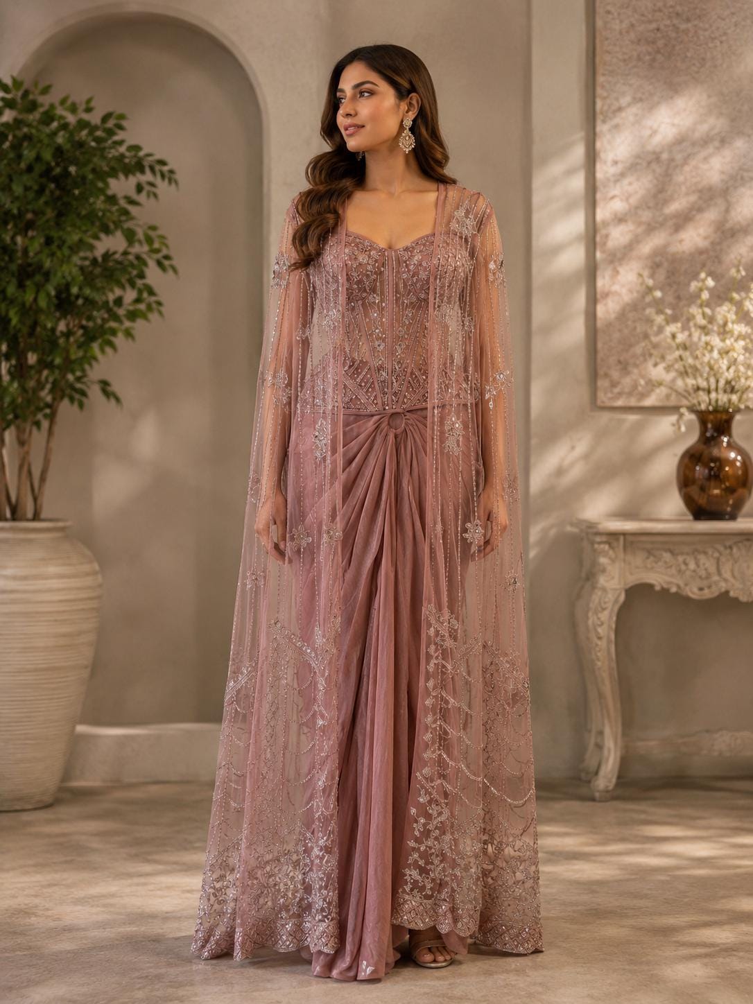 Dusty Pink Corset Saree Set with Cape