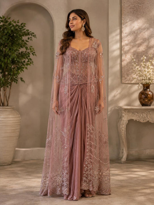 Dusty Pink Corset Saree Set with Cape