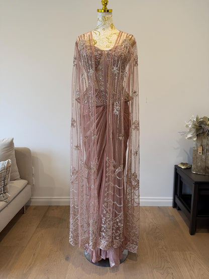 Dusty Pink Corset Saree Set with Cape