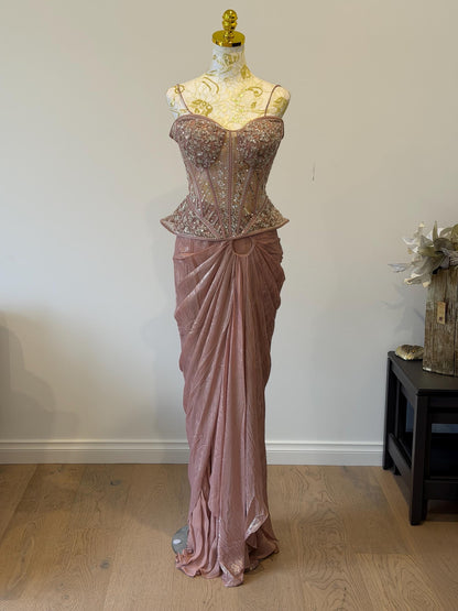Dusty Pink Corset Saree Set with Cape