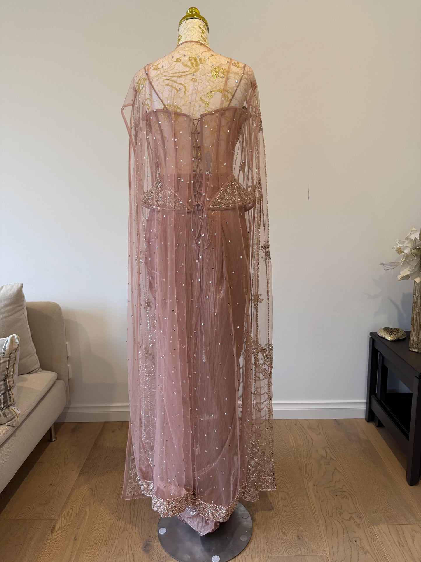 Dusty Pink Corset Saree Set with Cape