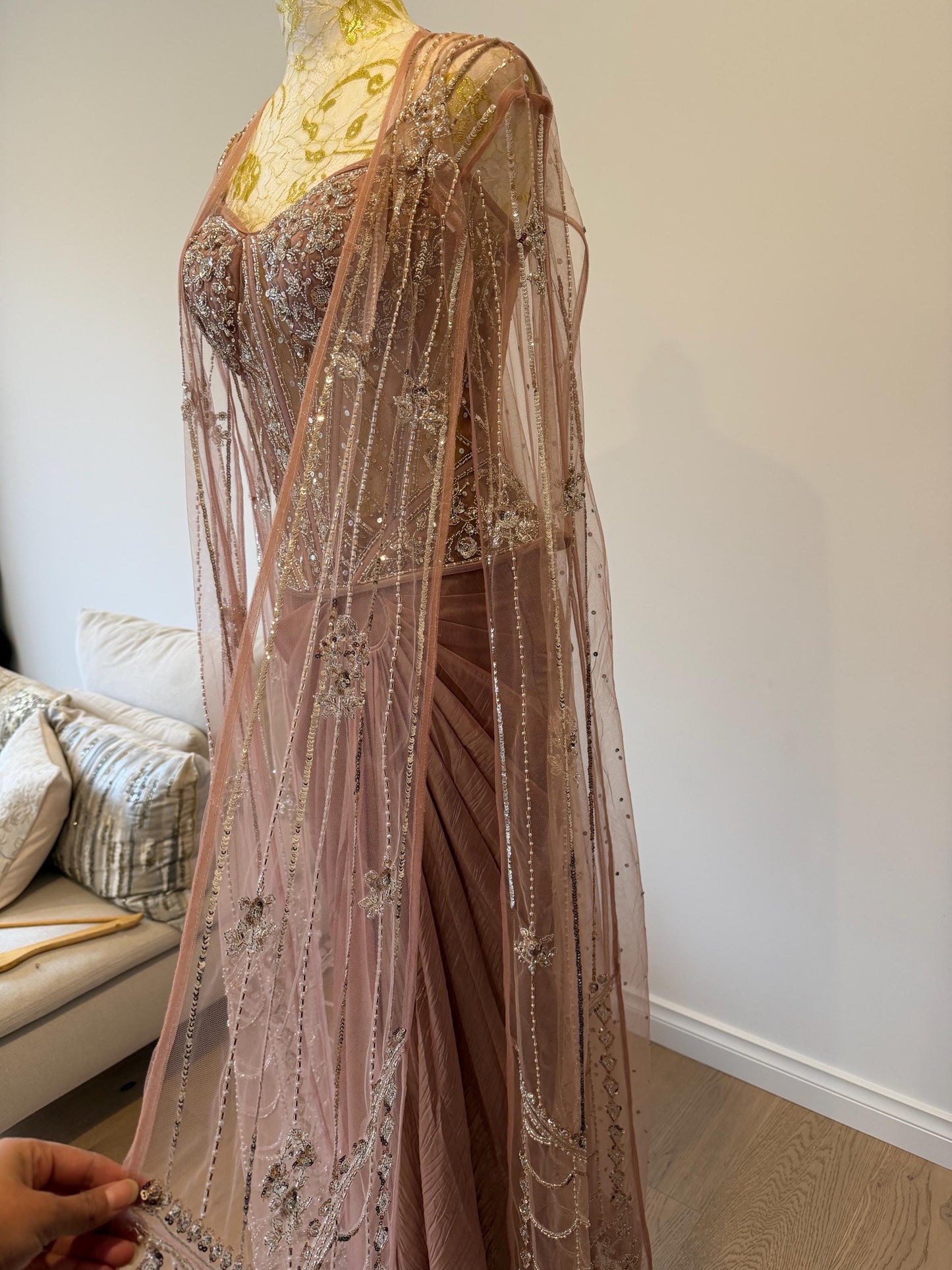 Dusty Pink Corset Saree Set with Cape