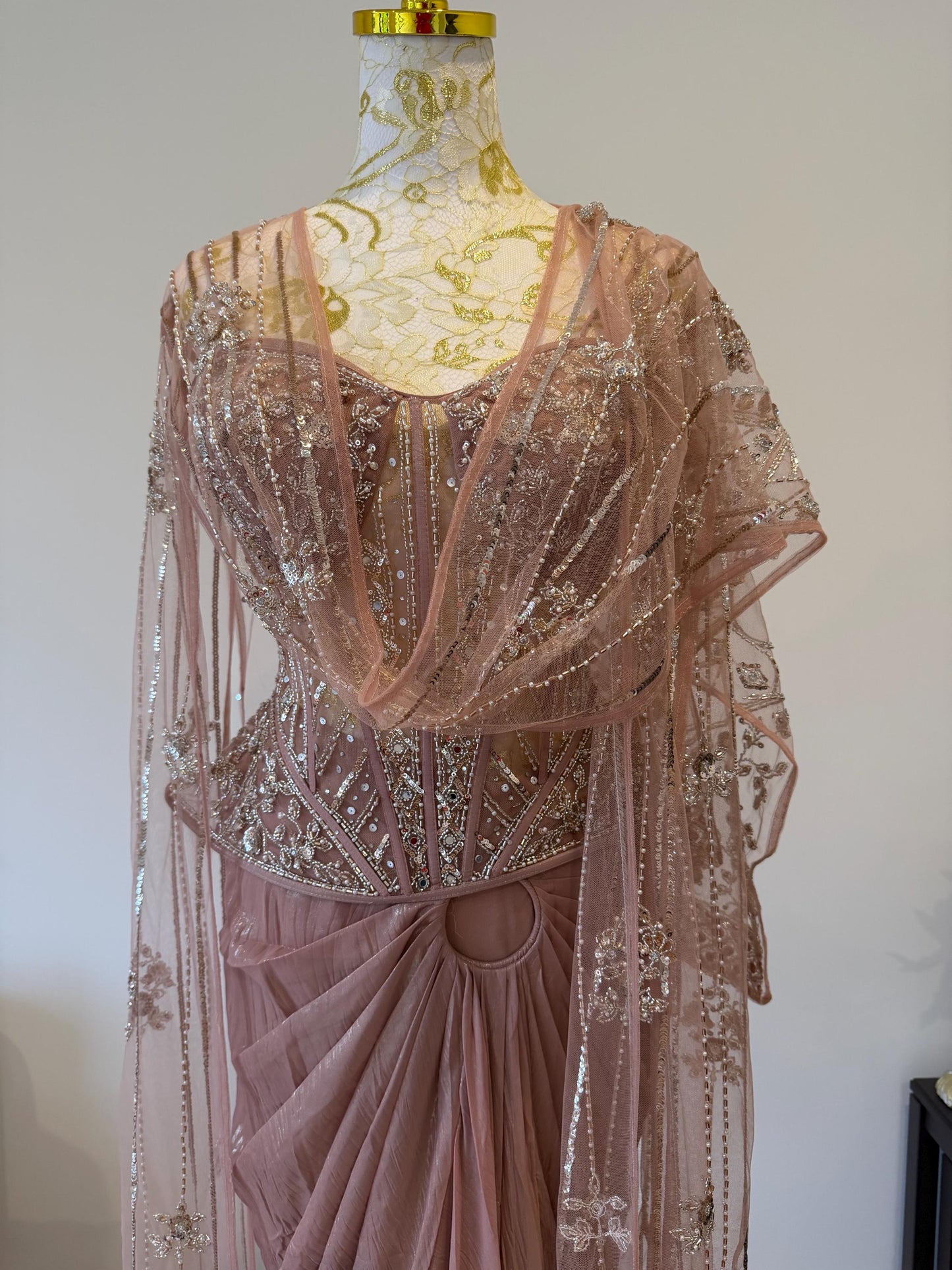 Dusty Pink Corset Saree Set with Cape