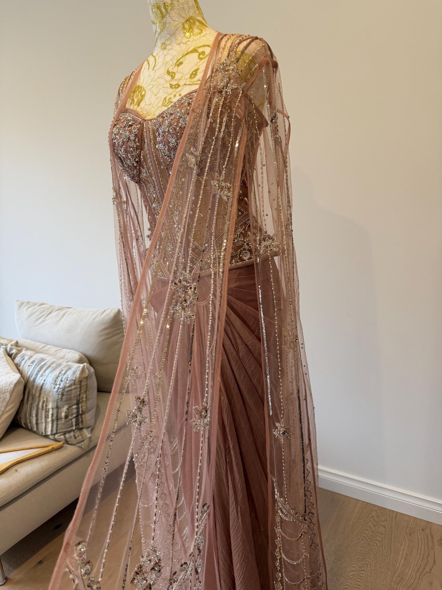 Dusty Pink Corset Saree Set with Cape