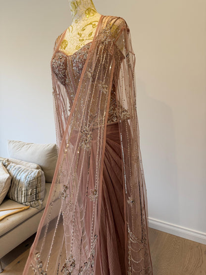 Dusty Pink Corset Saree Set with Cape