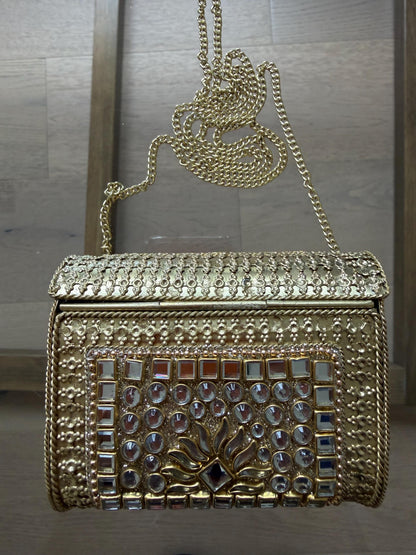 Gold Metal Clutch Bag | Kundan Embellished Evening Purse | Indian Wedding Bridal Handbag