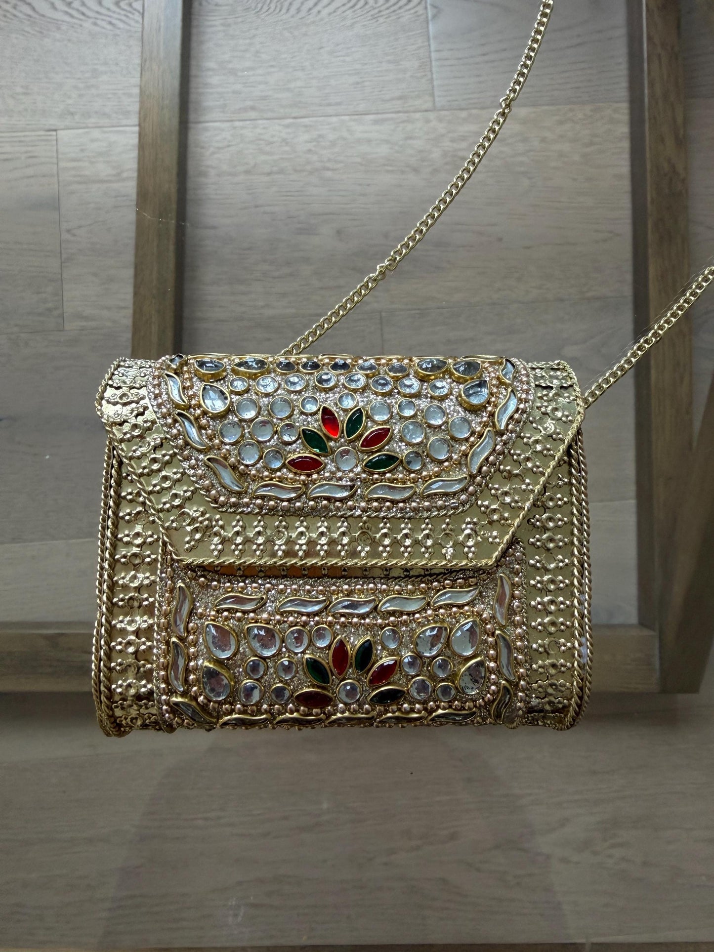 Gold Metal Clutch Bag | Kundan Embellished Evening Purse | Indian Wedding Bridal Handbag