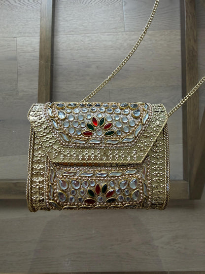 Gold Metal Clutch Bag | Kundan Embellished Evening Purse | Indian Wedding Bridal Handbag