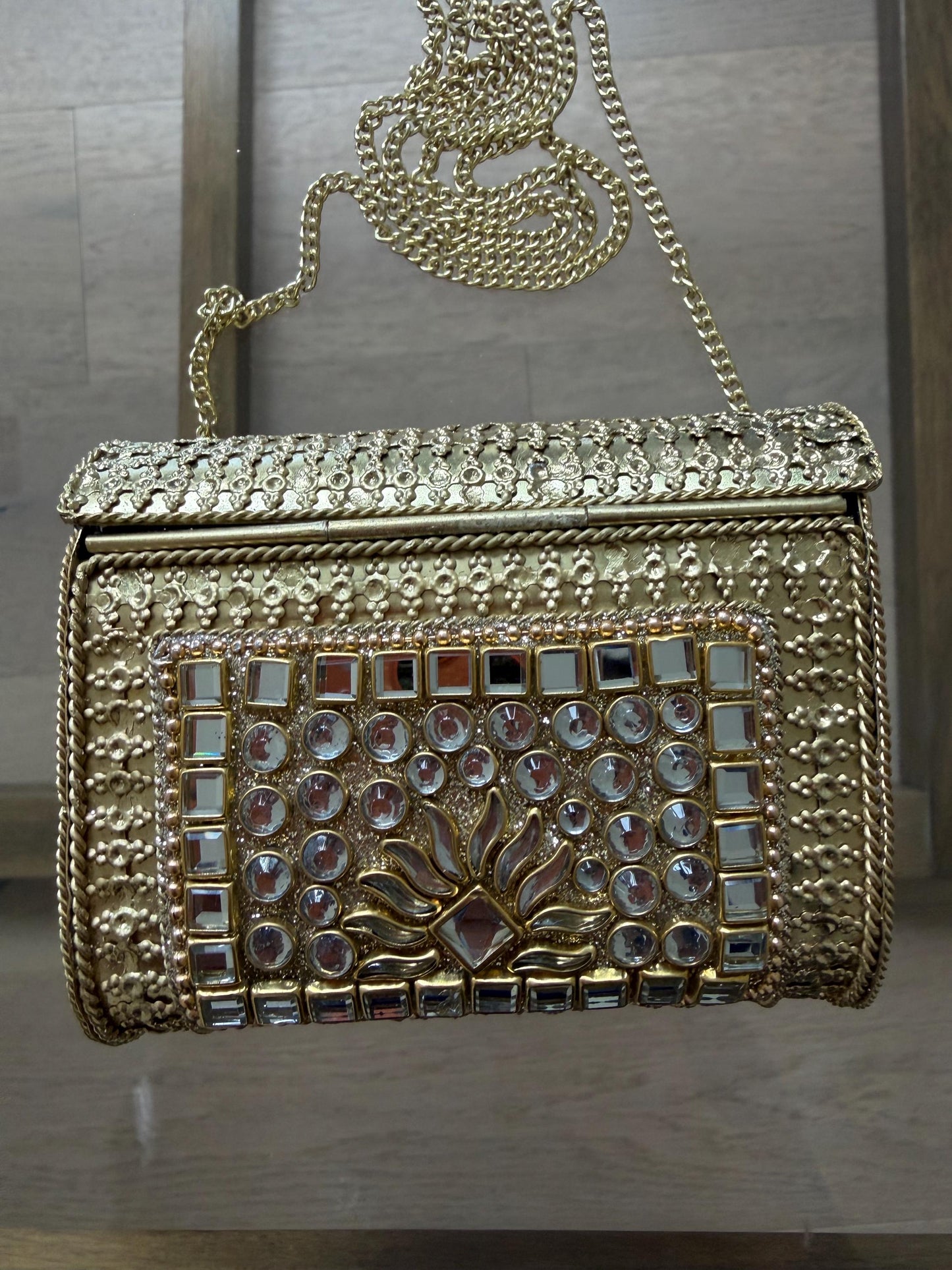 Gold Metal Clutch Bag | Kundan Embellished Evening Purse | Indian Wedding Bridal Handbag