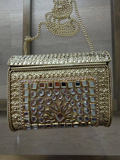 Gold Metal Clutch Bag | Kundan Embellished Evening Purse | Indian Wedding Bridal Handbag