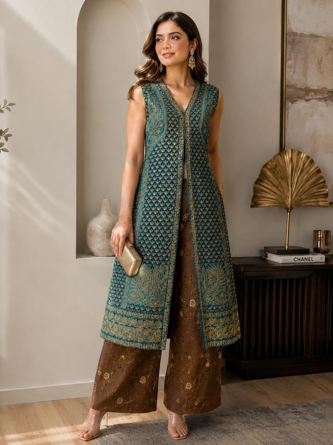 Teal Blue Chanderi Silk Pakistani Jacket