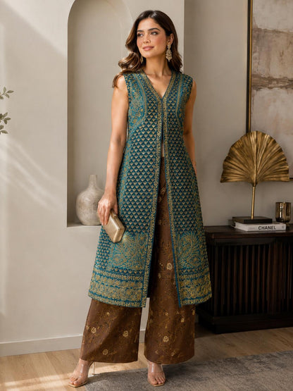 Teal Blue Chanderi Silk Pakistani Jacket